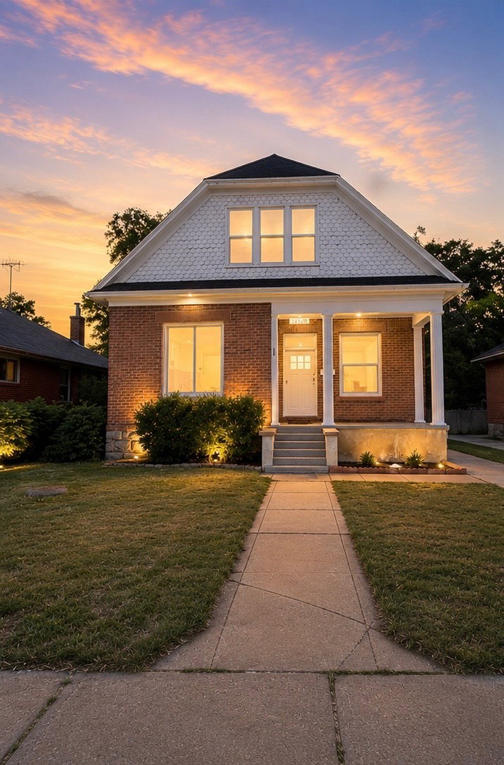 Brick facade featuring a columned porch and gabled roofline with shake siding