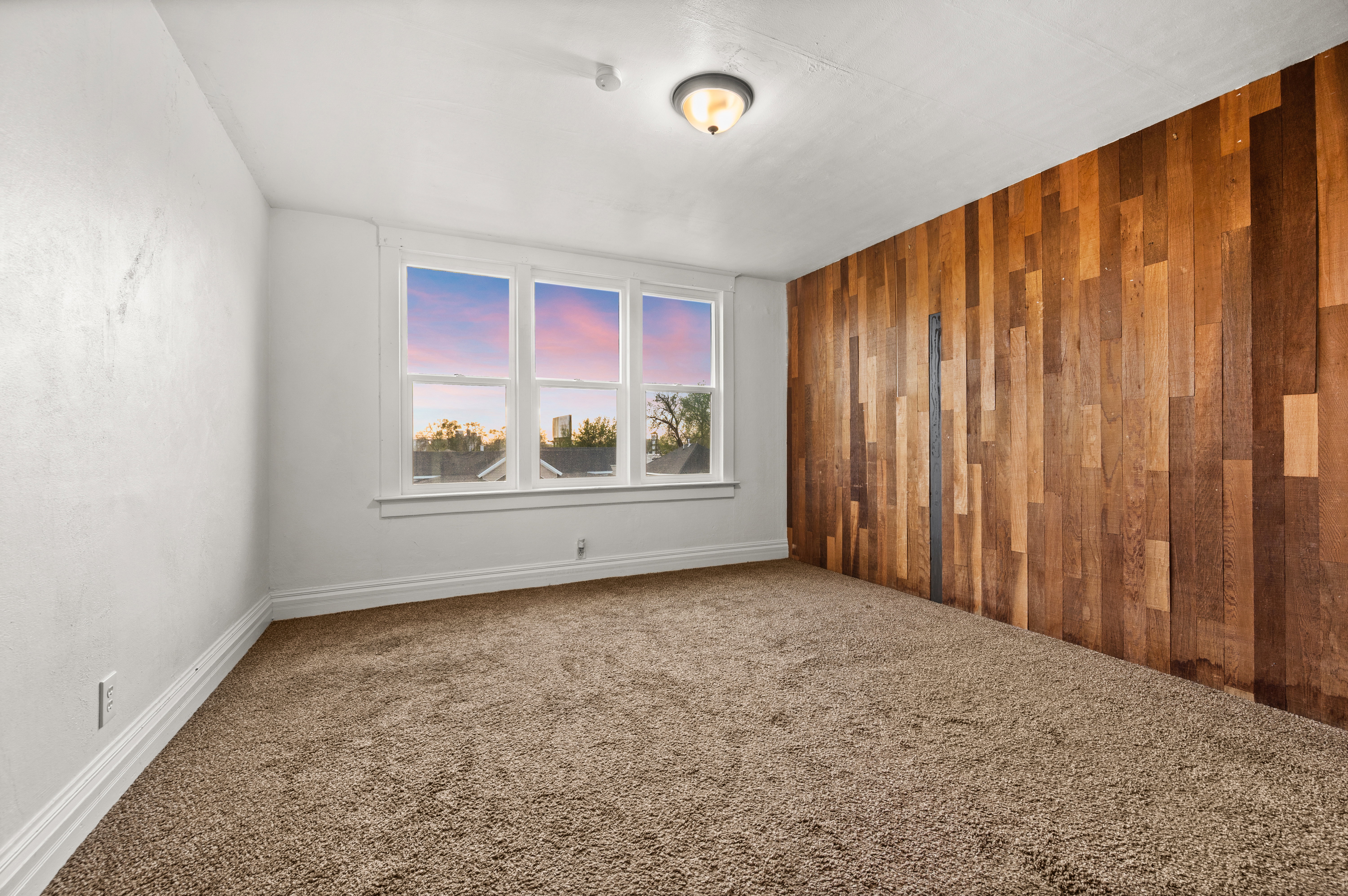 Spare room with wood walls and carpet flooring