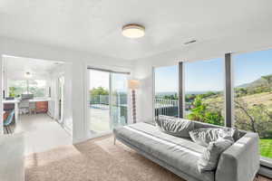 Living room featuring an office area, light colored carpet, and a textured ceiling