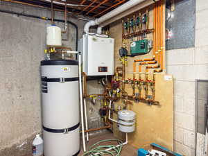 Utilities featuring secured water heater and a heating unit