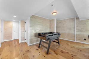 Spacious interior room featuring light wood-finish flooring, paneled walls, white trim, and a semi-flush mount ceiling light
