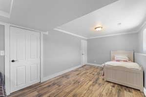Spacious room featuring wood-finish flooring, light grey walls, white trim, and a white paneled door