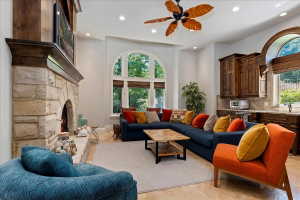 The guest house living room has a 2 -sided fireplace