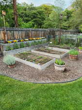 Fenced backyard featuring a vegetable garden and a mountain view