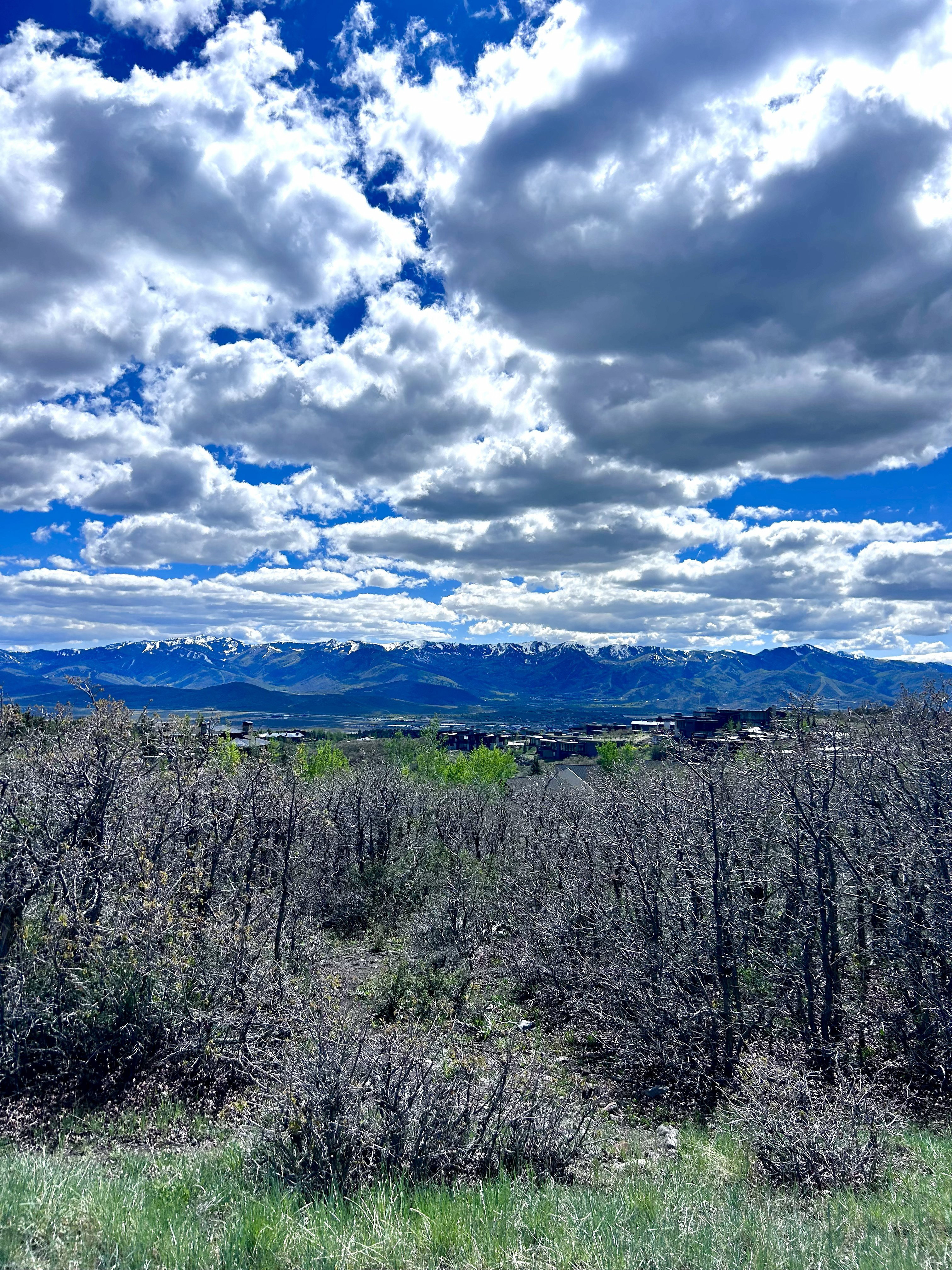 Expansive mountain range backdrop with distant residential structures