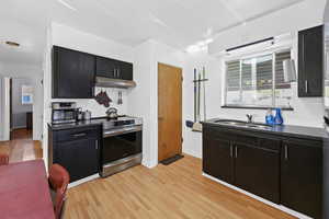 Kitchen with stainless steel electric stove, light wood-style floors, dark cabinetry, and dark stone countertops