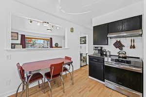 Kitchen with dark cabinets, stainless steel electric stove, light wood finished floors, dark stone countertops, and track lighting