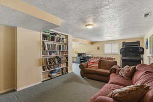 Living room featuring carpet flooring and a textured ceiling