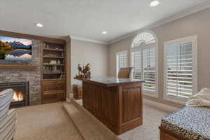 Office space with built in features, a fireplace, light colored carpet, a textured ceiling, and crown molding