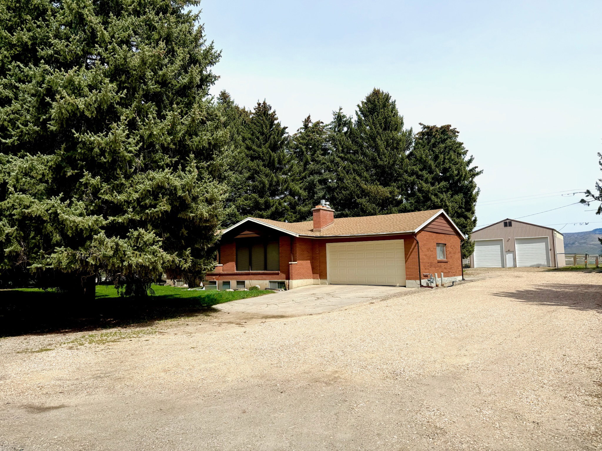 View of front facade featuring a garage, a chimney, and driveway