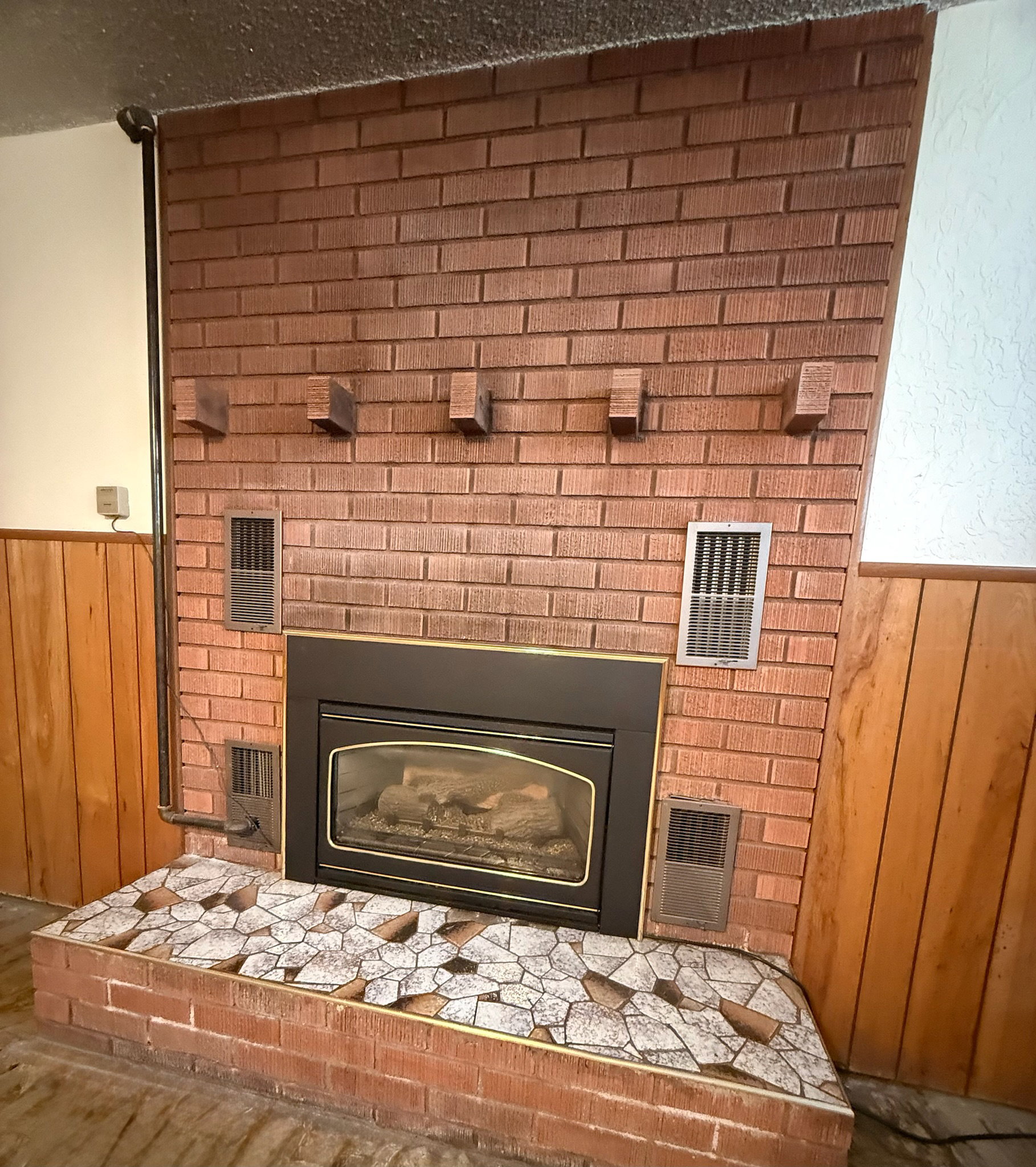 Detailed view of wood walls, wainscoting, and a glass covered fireplace