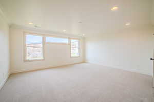 Carpeted spare room featuring healthy amount of natural light and recessed lighting