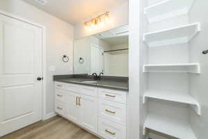 Full bathroom with vanity and light wood-style flooring