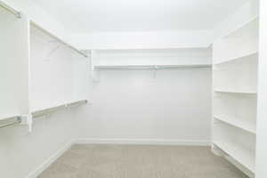 Walk in closet with light carpet