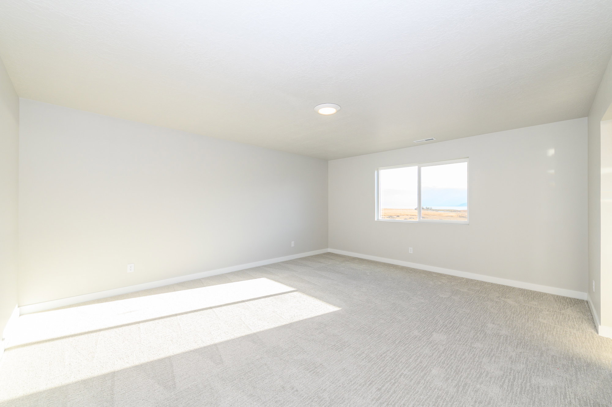 Unfurnished room featuring light colored carpet and baseboards