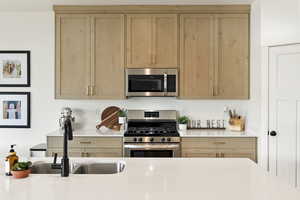 Kitchen with stainless steel appliances, light wood finish cabinets, and light stone countertops