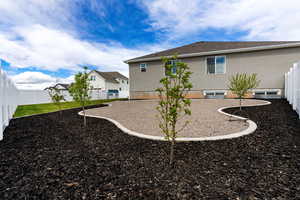 Back of property with a fenced backyard and stucco siding