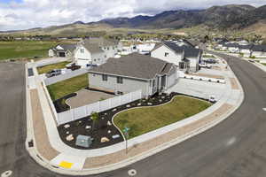 Aerial perspective of suburban area with mountains