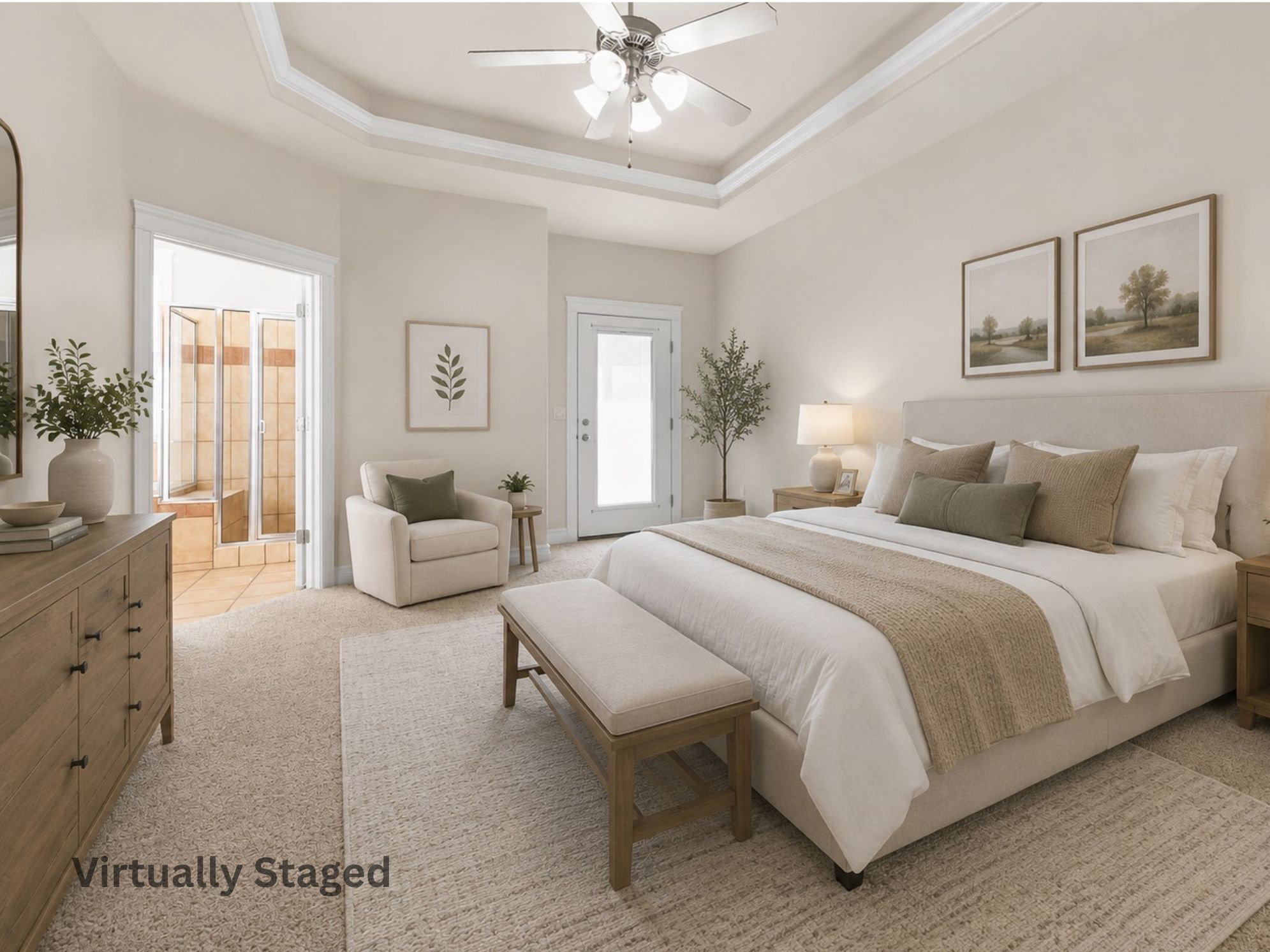 Carpeted primary  bedroom featuring a tray ceiling with a ceiling fan, a glass-paneled door, and an open doorway revealing a tiled shower with a built-in bench. virtually staged