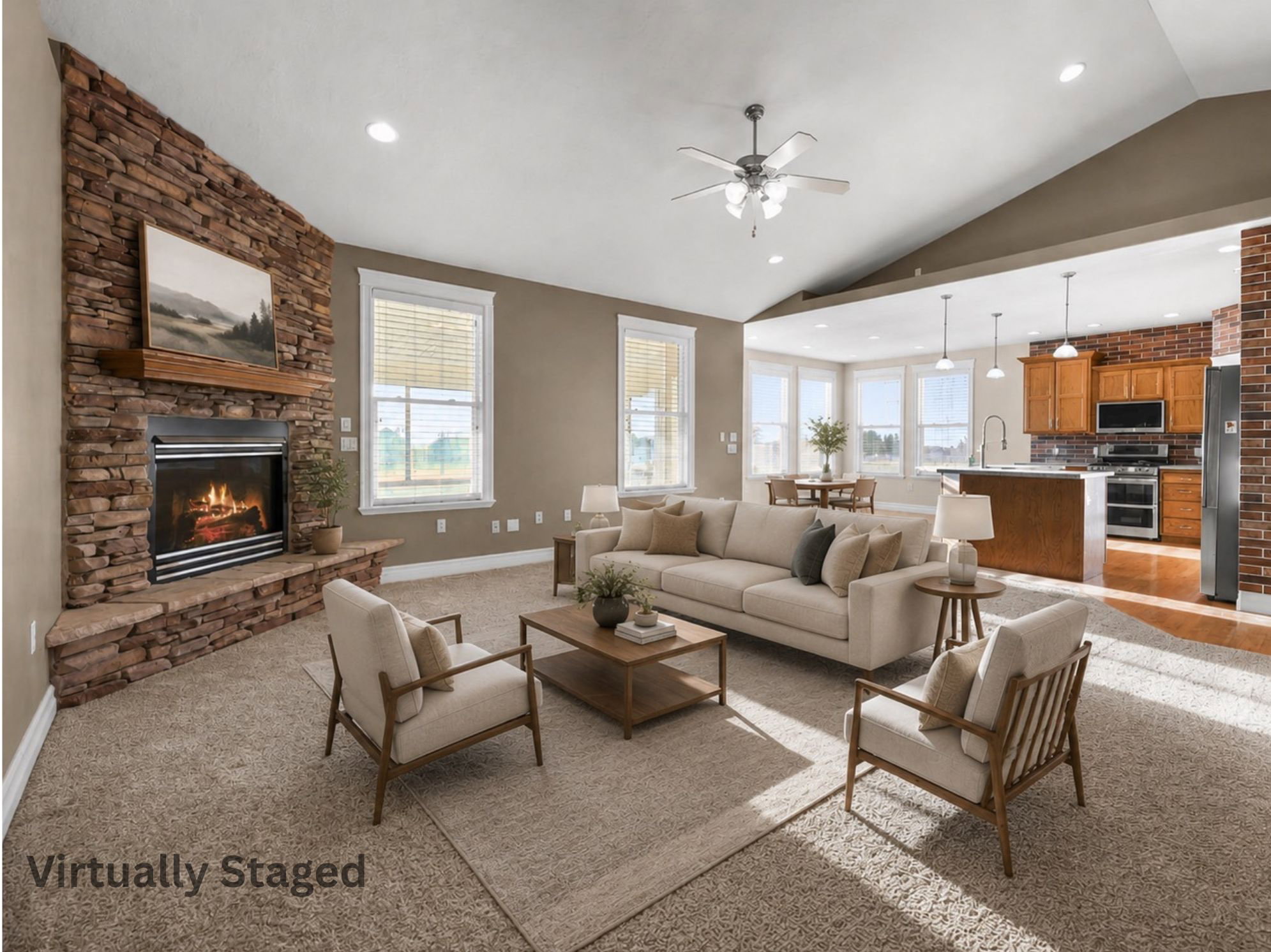 Living area featuring a stone fireplace with a wood mantel, vaulted ceiling with a ceiling fan, and recessed lighting. Virtually Staged