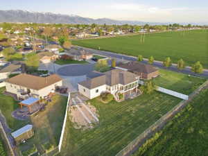 Aerial view of residential area featuring a mountain backdrop