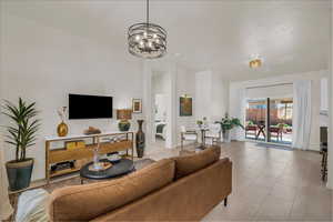 Living room with hanging lights