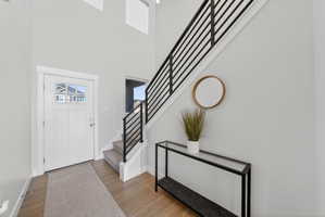 Entryway featuring wood finished floors and a high ceiling