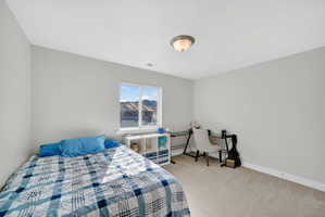 Bedroom featuring baseboards and light colored carpet