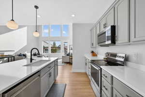 Kitchen with gray cabinets, stainless steel appliances, decorative light fixtures, light wood finished floors, and open floor plan
