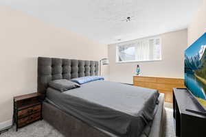 Bedroom featuring light colored carpet