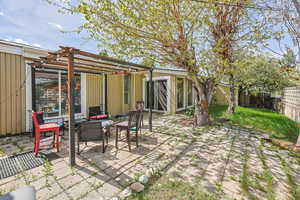 Fenced backyard featuring a patio area, outdoor lounge area, and a pergola