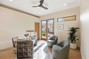 Office featuring french doors, a ceiling fan, light wood-style flooring, and recessed lighting