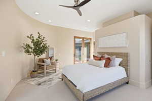 Bedroom featuring a ceiling fan, carpet floors, and recessed lighting