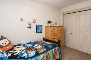 Carpeted bedroom featuring a closet