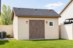 View of shed with a fenced backyard