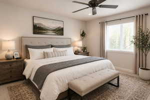 Master bedroom with a ceiling fan and recessed lighting
