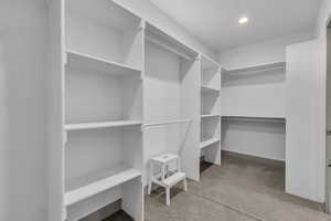 Walk in closet featuring light carpet