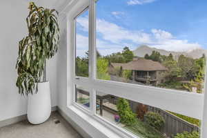 Interior space featuring carpet flooring and a mountainous background