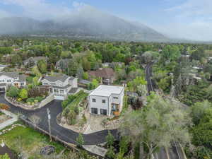 Aerial view of residential area with mountains