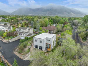 Aerial view of residential area with a mountain backdrop
