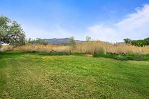 View of green lawn featuring a mountain view