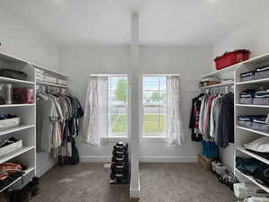 Walk in closet with light colored carpet