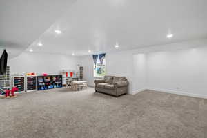 Rec room with carpet and recessed lighting