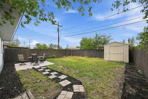 Fenced backyard featuring a patio area and a shed