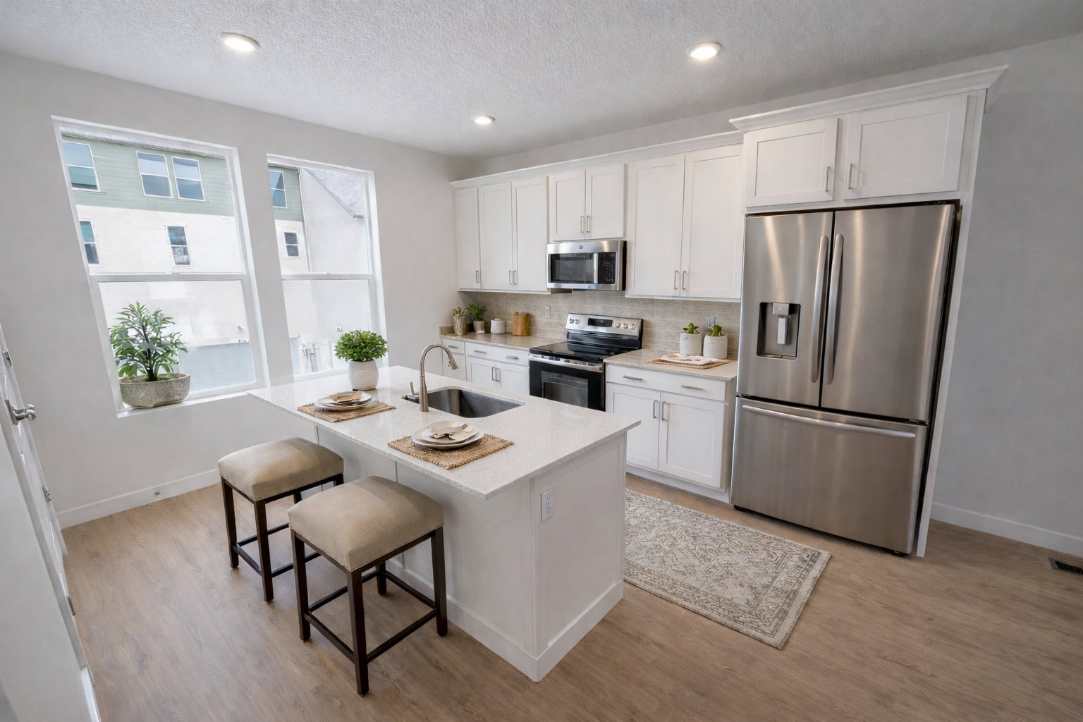 Kitchen featuring stainless steel appliances, white cabinets, light stone counters, a breakfast bar, and tasteful backsplash