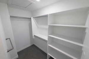 Walk in closet with attic access and dark colored carpet
