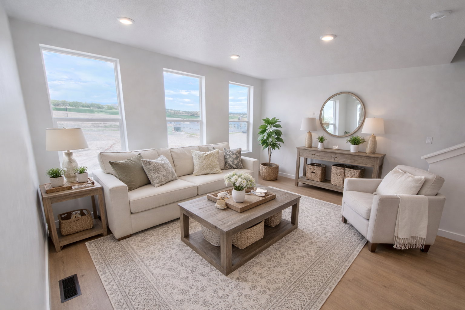 Living area featuring light wood-style flooring and recessed lighting