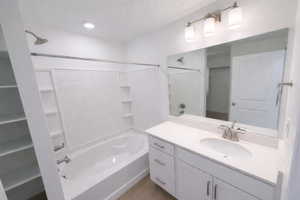Bathroom featuring vanity and bathing tub / shower combination