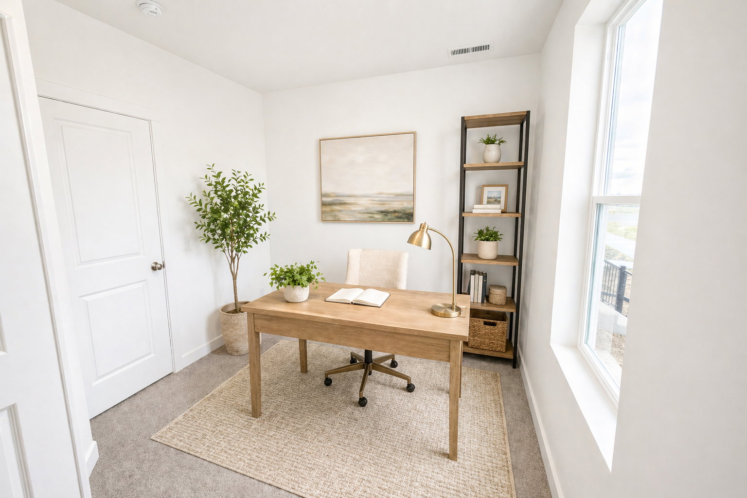 Home office featuring light carpet and baseboards