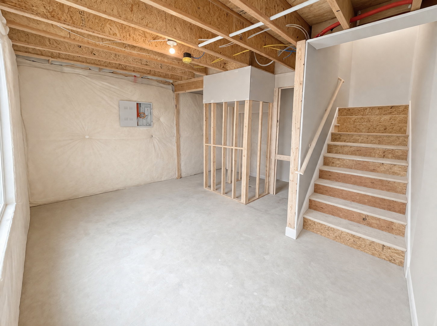 Unfinished below grade area featuring stairway